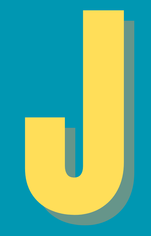 Letter J in yellow with a aqua green background